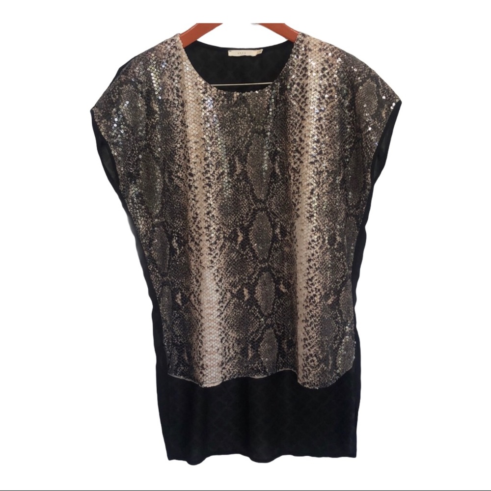 Lush sequin snake animal print sheer back hi-lo tunic top blouse women's‎ size S